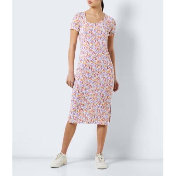 New ~ NOISY MAY ~ Women's White Silky Floral Side Slit Midi Dress Size Small - Picture 8 of 8